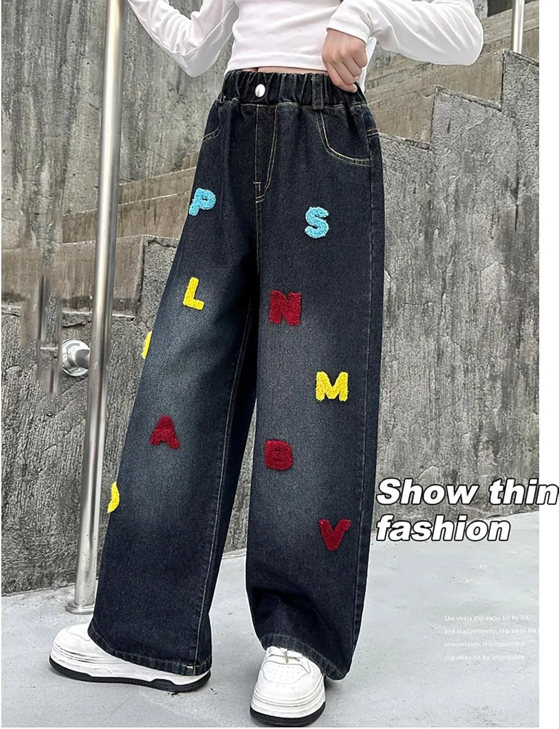 5-14 yrs Kids Girls Jeans Distressed Elastic Waist Baggy Denim Wide Leg Pants Trousers
