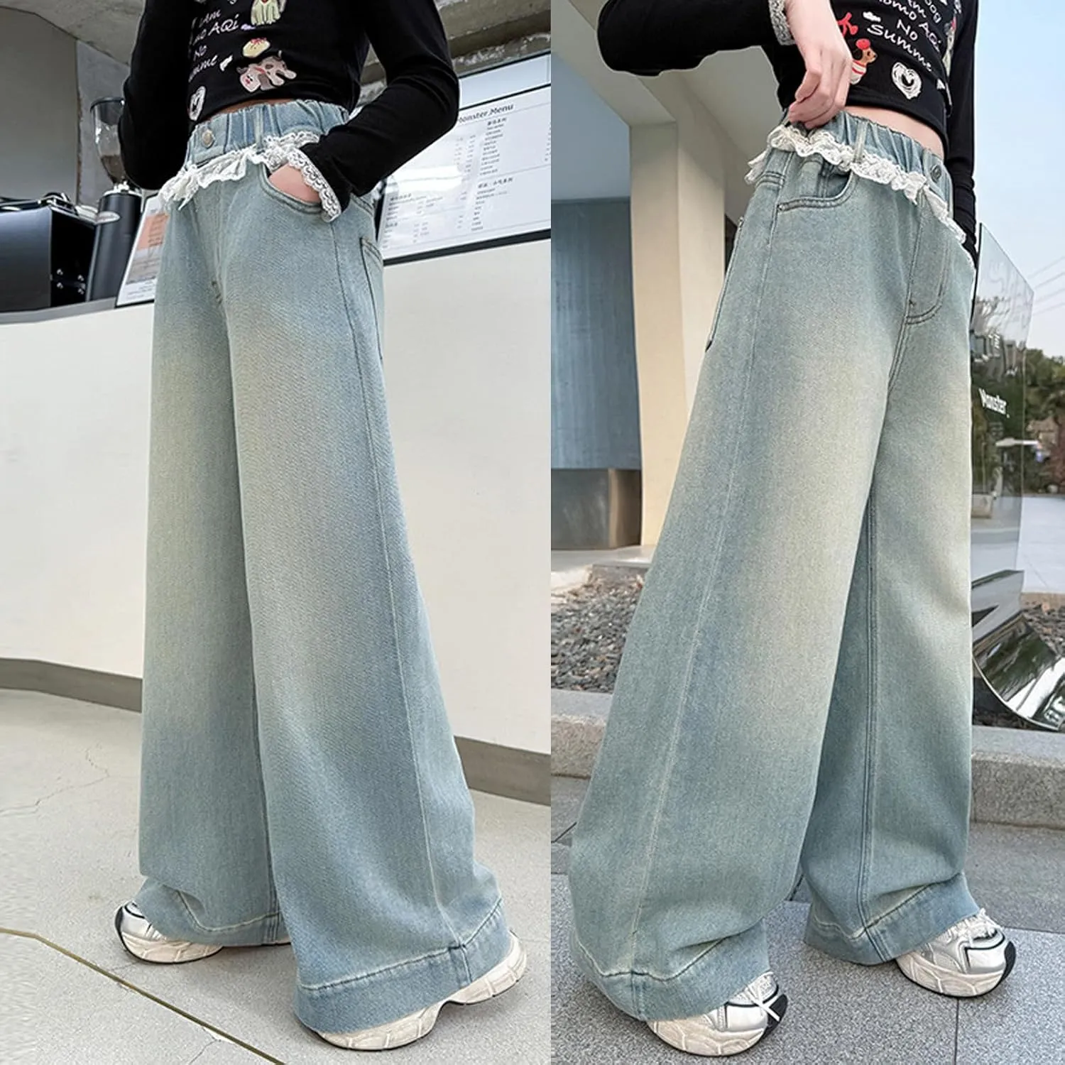 5-14 yrs Kids Girls Jeans Distressed Elastic Waist Baggy Denim Wide Leg Pants Trousers