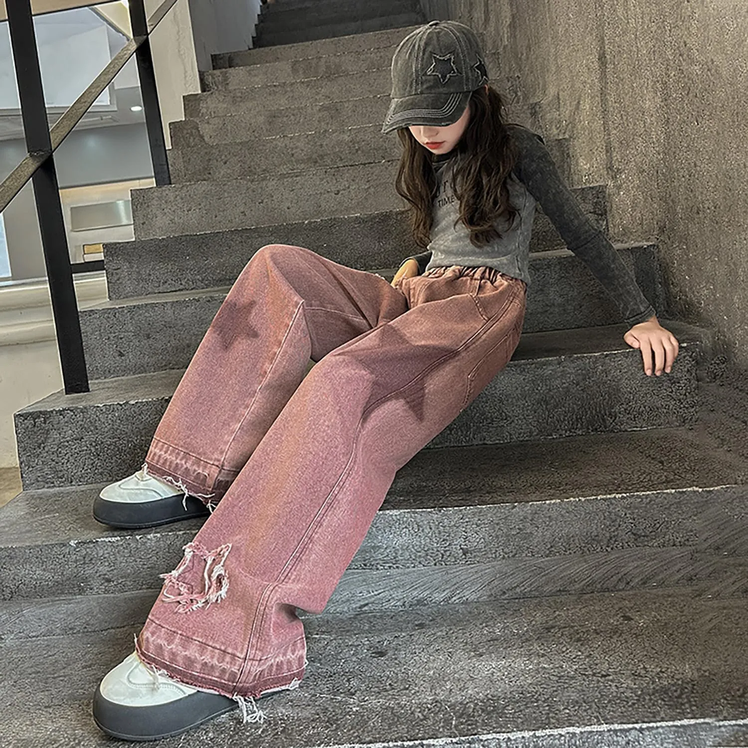 5-14 yrs Kids Girls Jeans Distressed Elastic Waist Baggy Denim Wide Leg Pants Trousers