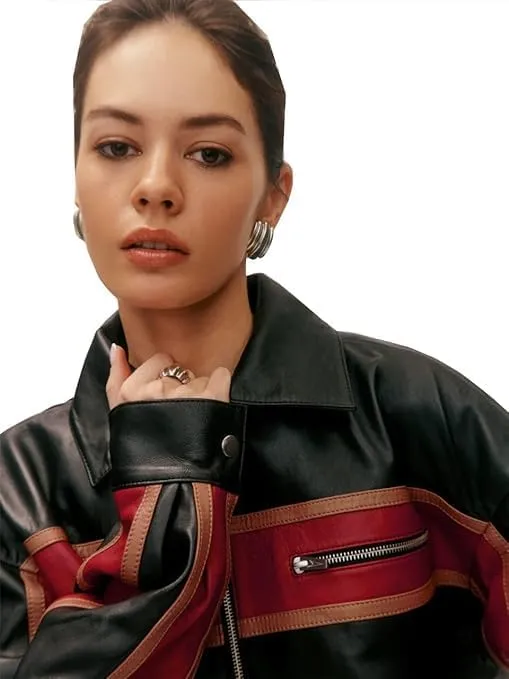 90's Women's Vintage Oversized Genuine Leather Moto Biker Bomber Jacket with Stripes