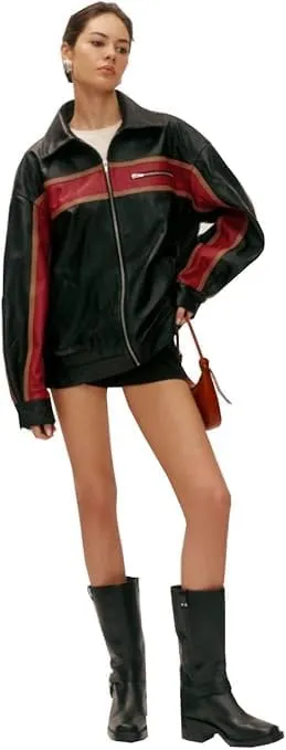 90's Women's Vintage Oversized Genuine Leather Moto Biker Bomber Jacket with Stripes