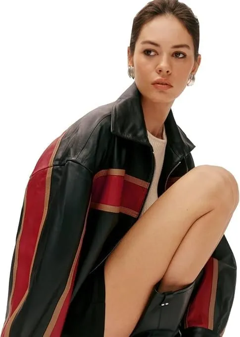 90's Women's Vintage Oversized Genuine Leather Moto Biker Bomber Jacket with Stripes