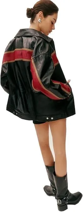 90's Women's Vintage Oversized Genuine Leather Moto Biker Bomber Jacket with Stripes
