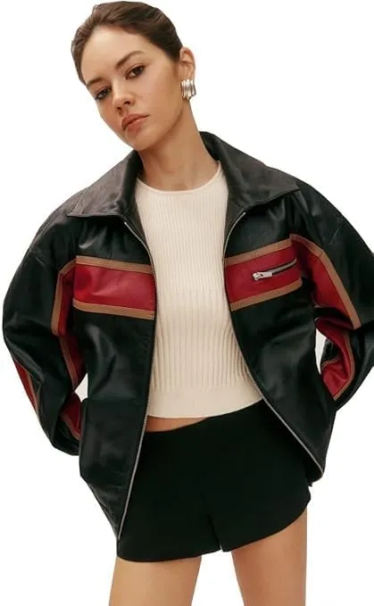 90's Women's Vintage Oversized Genuine Leather Moto Biker Bomber Jacket with Stripes