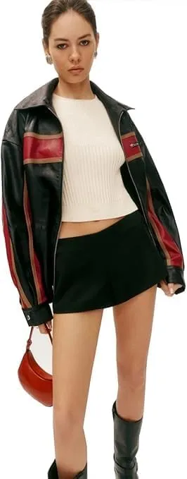 90's Women's Vintage Oversized Genuine Leather Moto Biker Bomber Jacket with Stripes
