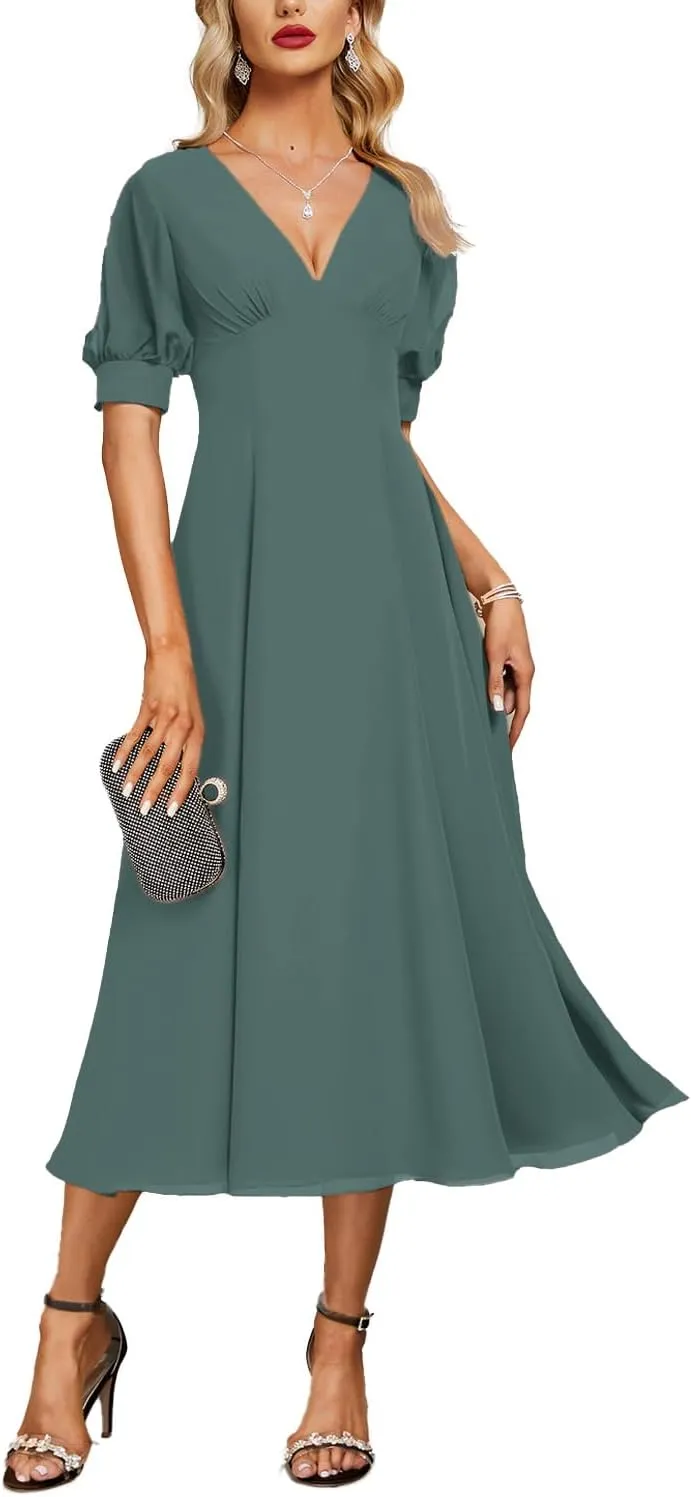 A-line Evening Dress Elegant V-Neck Tea-Length Formal Dress with Pleated 2024