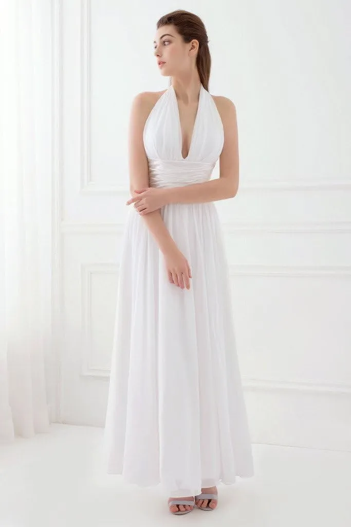A-line Halter Ankle-Length Chiffon Evening Dress Beach Wedding Dress with Ruffle Bows
