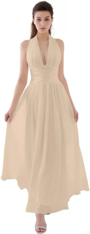 A-line Halter Ankle-Length Chiffon Evening Dress Beach Wedding Dress with Ruffle Bows