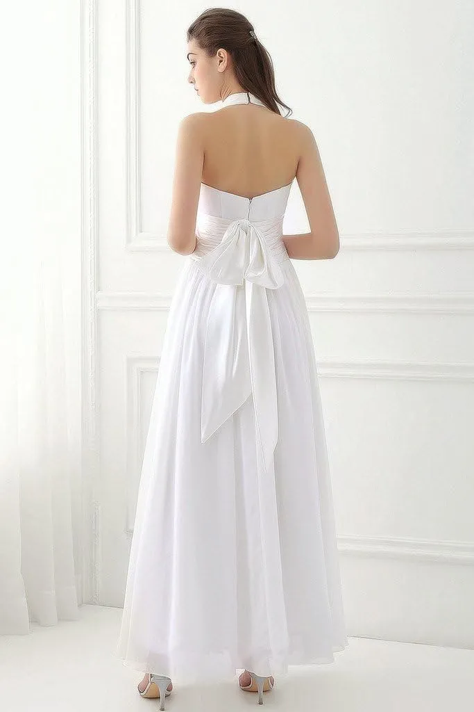 A-line Halter Ankle-Length Chiffon Evening Dress Beach Wedding Dress with Ruffle Bows