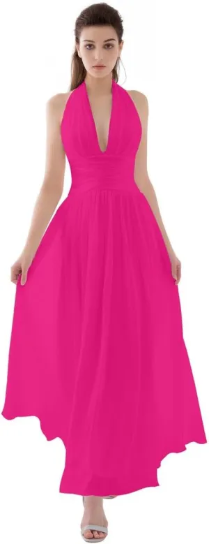 A-line Halter Ankle-Length Chiffon Evening Dress Beach Wedding Dress with Ruffle Bows