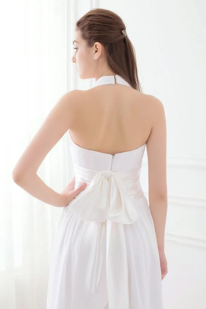 A-line Halter Ankle-Length Chiffon Evening Dress Beach Wedding Dress with Ruffle Bows
