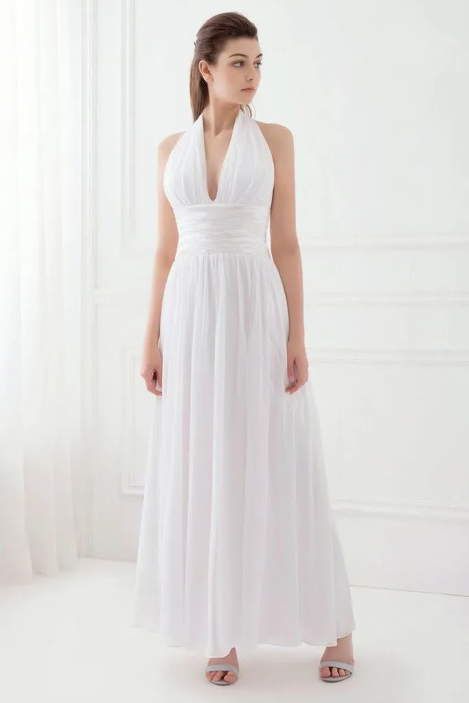 A-line Halter Ankle-Length Chiffon Evening Dress Beach Wedding Dress with Ruffle Bows
