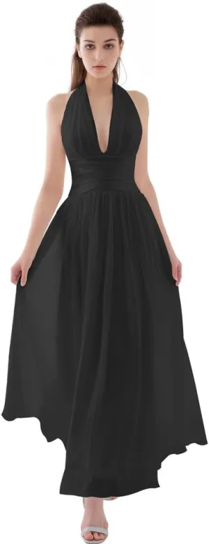 A-line Halter Ankle-Length Chiffon Evening Dress Beach Wedding Dress with Ruffle Bows