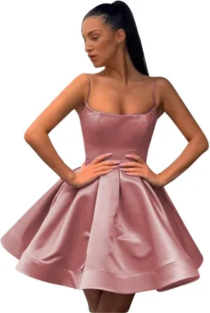 A-line Satin Homecoming Dress Spaghetti Straps for Women, Short Square Neck Cocktail Dress Sleeveless Prom Dress