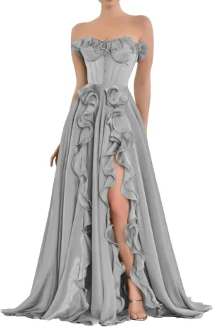 A-line Strapless Chiffon Prom Dresses Women's Split Ruffle Formal Evening Gowns