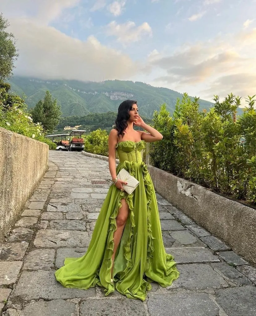 A-line Strapless Chiffon Prom Dresses Women's Split Ruffle Formal Evening Gowns
