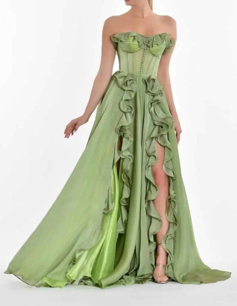 A-line Strapless Chiffon Prom Dresses Women's Split Ruffle Formal Evening Gowns