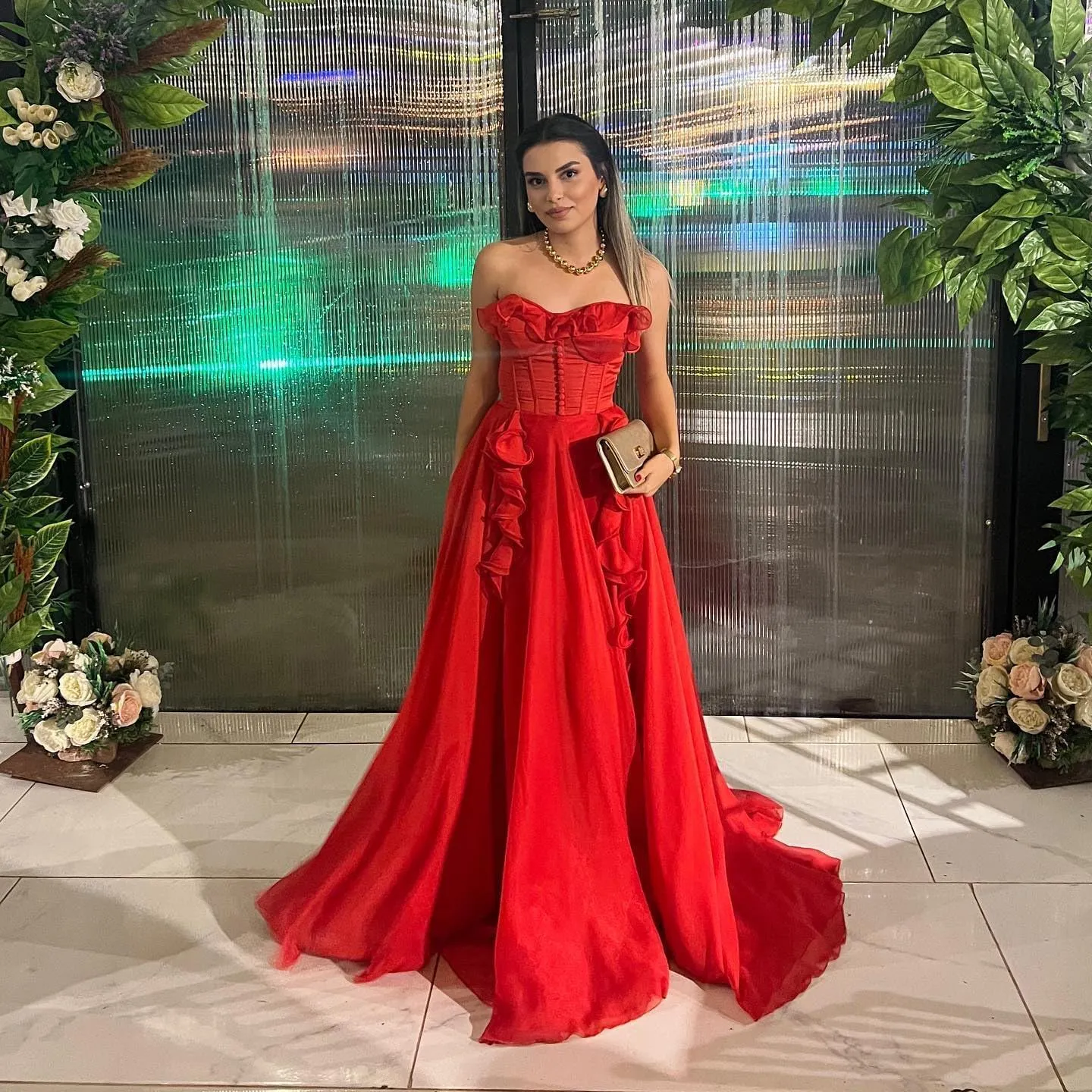 A-line Strapless Chiffon Prom Dresses Women's Split Ruffle Formal Evening Gowns