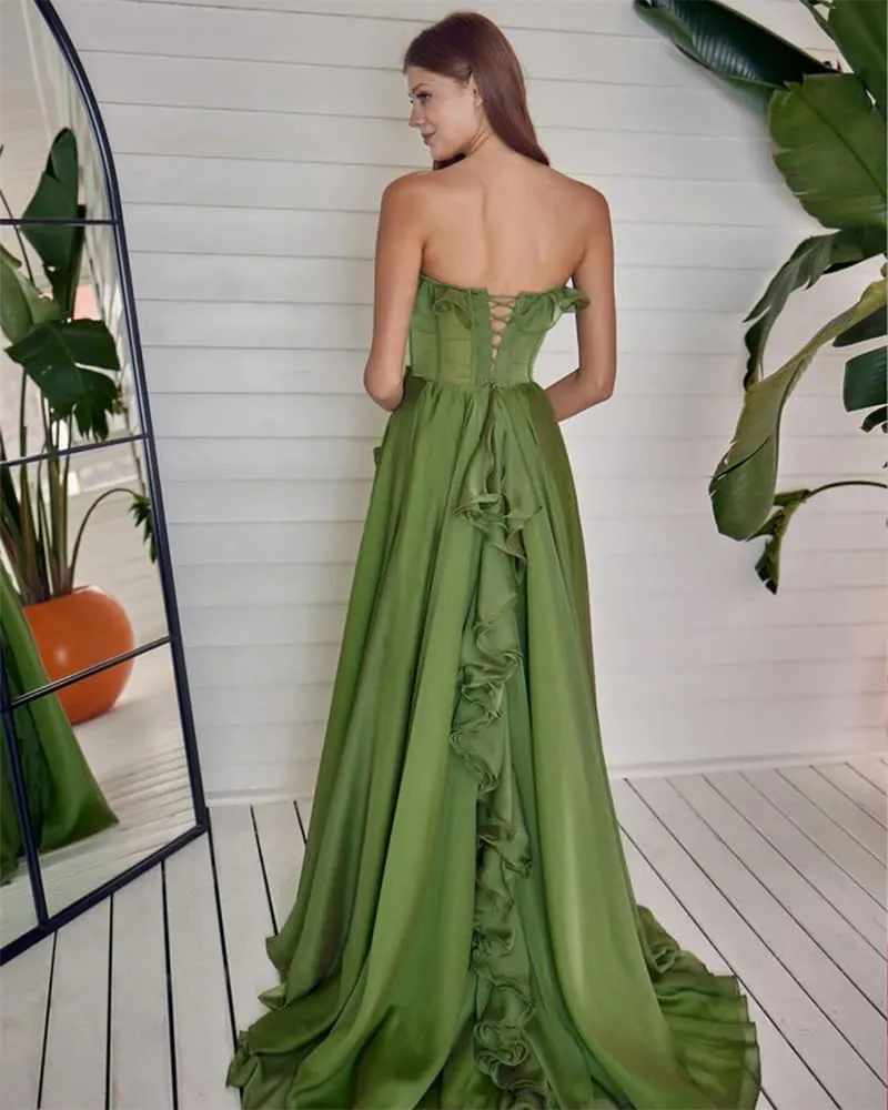 A-line Strapless Chiffon Prom Dresses Women's Split Ruffle Formal Evening Gowns