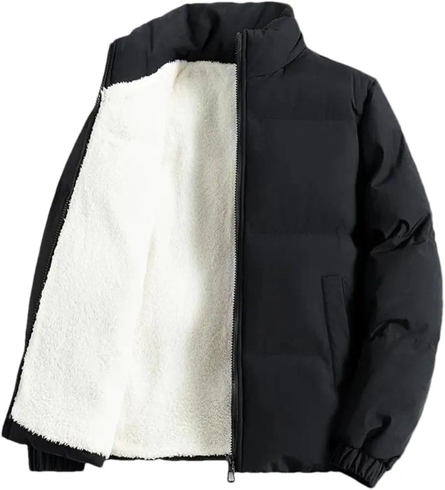 Adhdyuud Men Jacket Fleece Thickened Cotton Padded Jackets Casual Stand Collar Coats With Zipper Pocket Black 3XL (73kg-80kg)