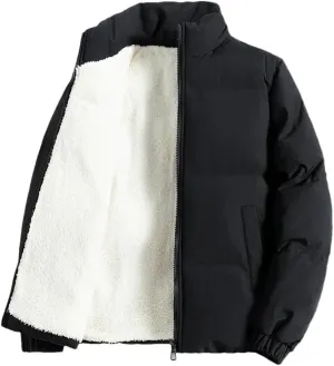 Adhdyuud Men Jacket Fleece Thickened Cotton Padded Jackets Casual Stand Collar Coats With Zipper Pocket Black 3XL (73kg-80kg)
