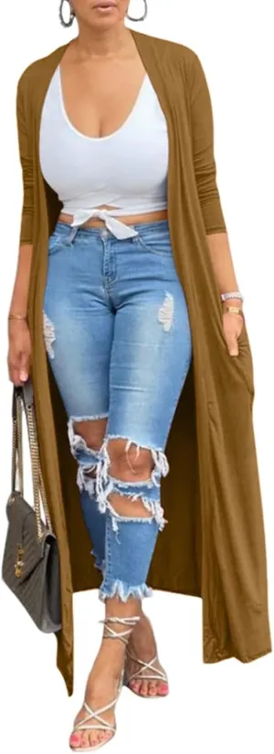 Adogirl Women's Long Sleeve Lightweight Soft Cover Ups Outerwear Casual Open Front Maxi Drape Cardigans with Pockets