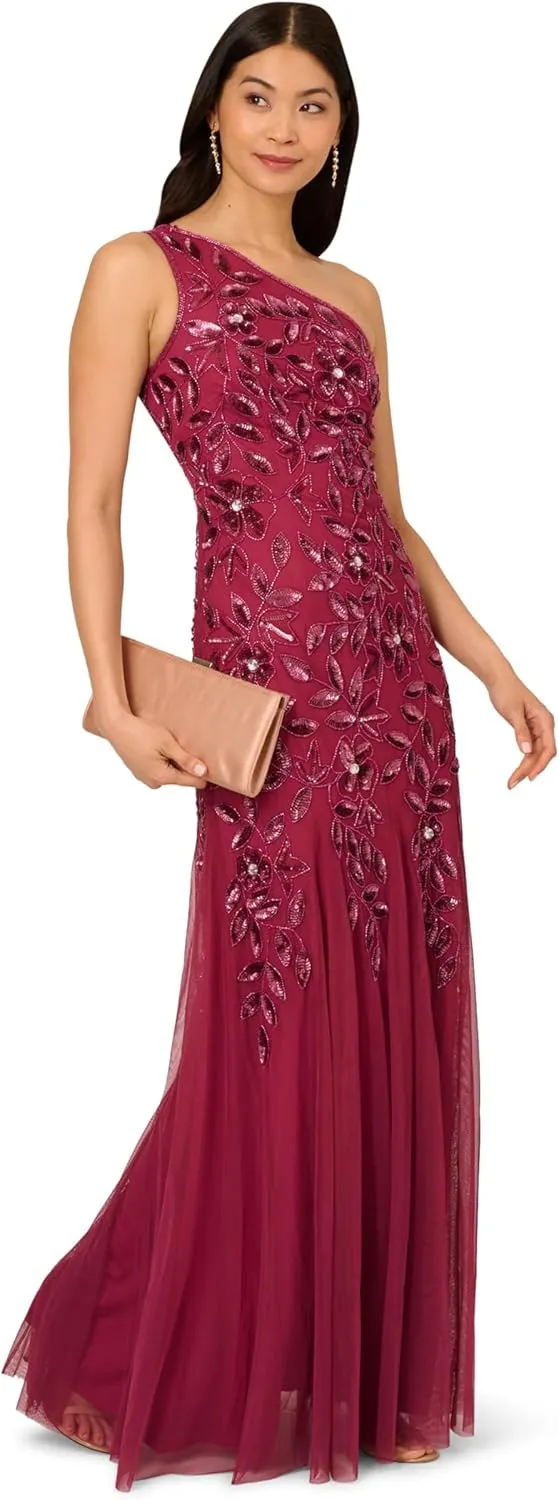Adrianna Papell Women's Beaded Mesh Long Dress
