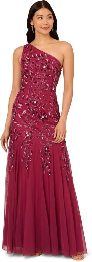 Adrianna Papell Women's Beaded Mesh Long Dress