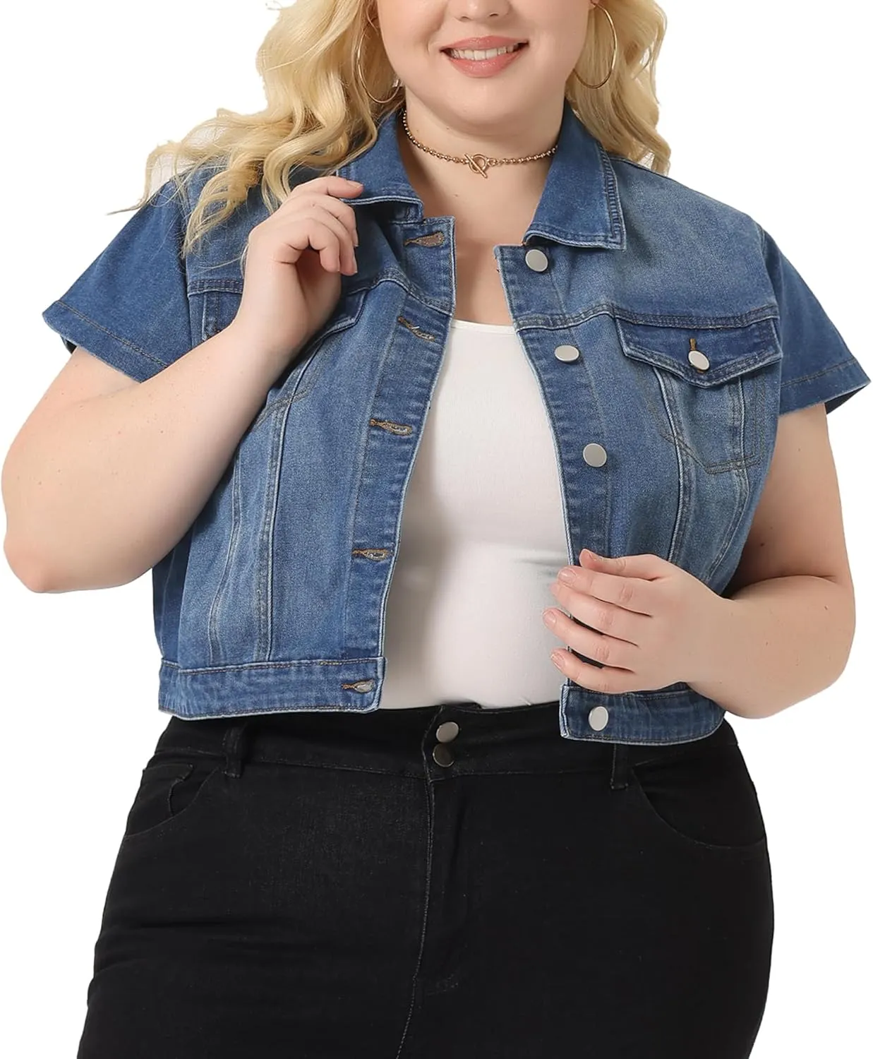 Agnes Orinda Plus Size Short Sleeve Denim Jackets for Women Button Washed Cropped Jean Jacket