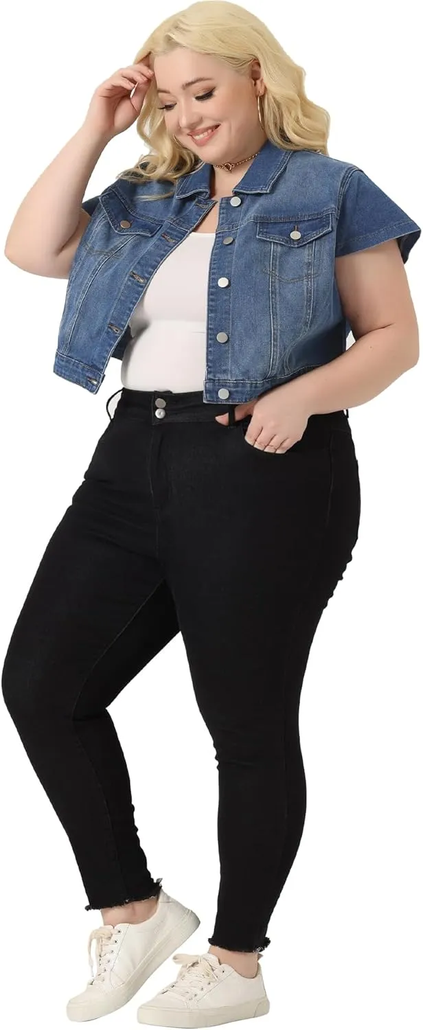 Agnes Orinda Plus Size Short Sleeve Denim Jackets for Women Button Washed Cropped Jean Jacket