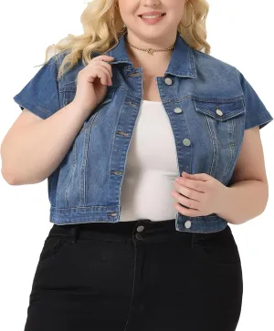 Agnes Orinda Plus Size Short Sleeve Denim Jackets for Women Button Washed Cropped Jean Jacket