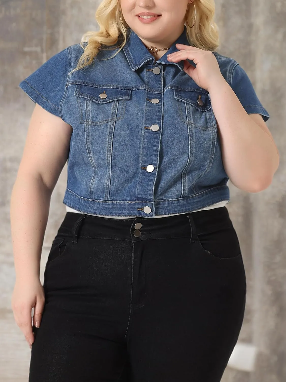 Agnes Orinda Plus Size Short Sleeve Denim Jackets for Women Button Washed Cropped Jean Jacket