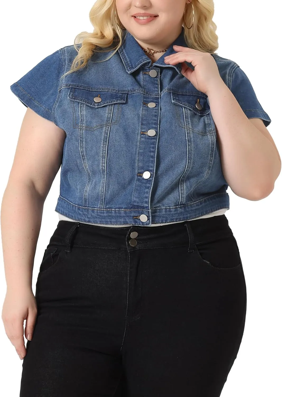 Agnes Orinda Plus Size Short Sleeve Denim Jackets for Women Button Washed Cropped Jean Jacket