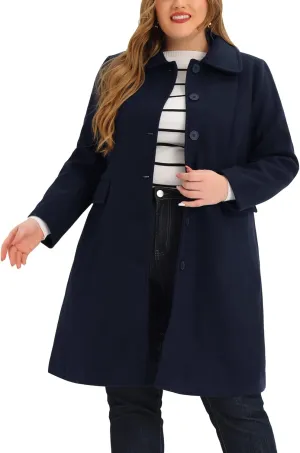 Agnes Orinda Plus Size Women Long Coats Peter Pan Collar Single Breasted with Pockets Trench Winter Long Peacoat