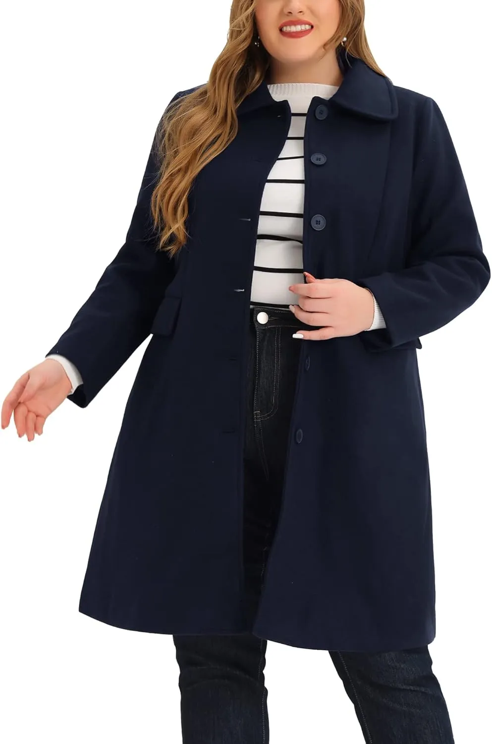 Agnes Orinda Plus Size Women Long Coats Peter Pan Collar Single Breasted with Pockets Trench Winter Long Peacoat