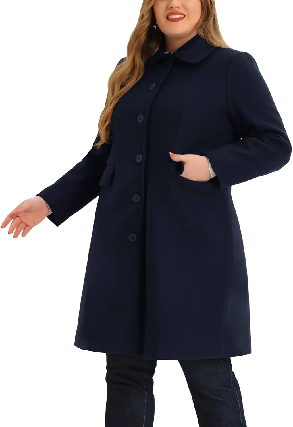 Agnes Orinda Plus Size Women Long Coats Peter Pan Collar Single Breasted with Pockets Trench Winter Long Peacoat