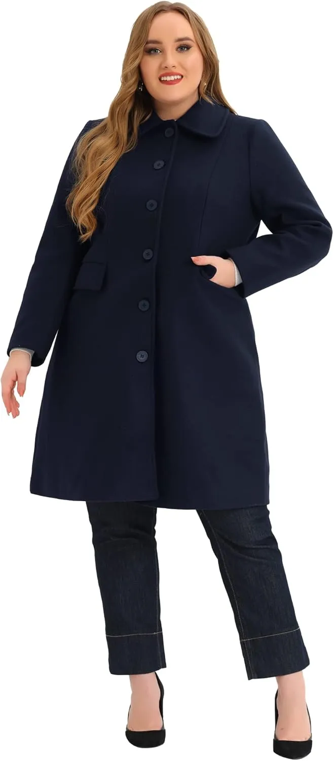 Agnes Orinda Plus Size Women Long Coats Peter Pan Collar Single Breasted with Pockets Trench Winter Long Peacoat
