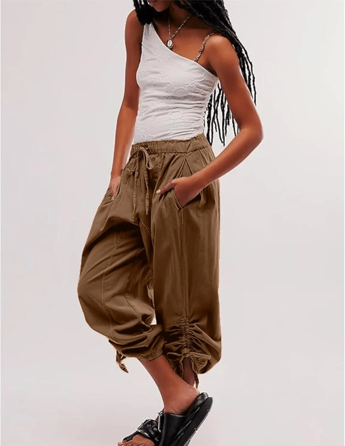 Aimiray Women's Flowy Barrel Pants Wide Leg Cotton Linen Pants Elastic Waisted Drawstring Baggy Trousers with Pockets