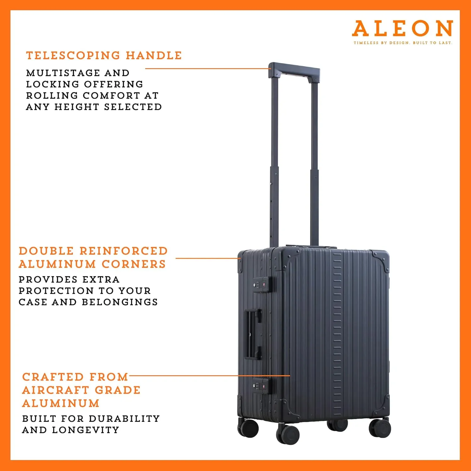 All Aluminum Lightweight 21" International Carry-On Hardside Luggage with Durable Hardshell, TSA Approved Heavy Duty Spinner Wheels, Rolling Travel Bag for Airplane, Premium Suitcase (Onyx)