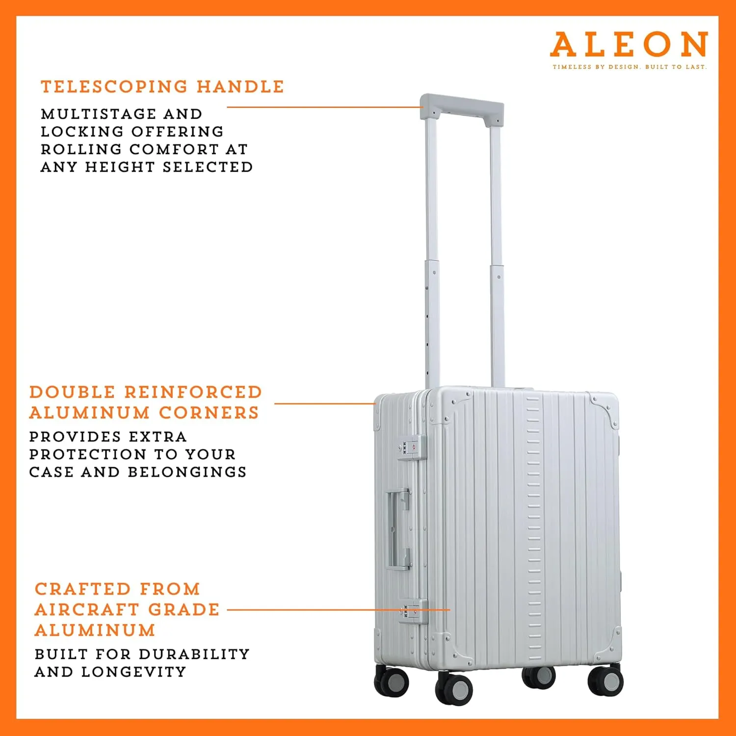 All Aluminum Lightweight 21" International Carry-On Hardside Luggage with Durable Hardshell, TSA Approved Heavy Duty Spinner Wheels, Rolling Travel Bag for Airplane, Premium Suitcase (Platinum)