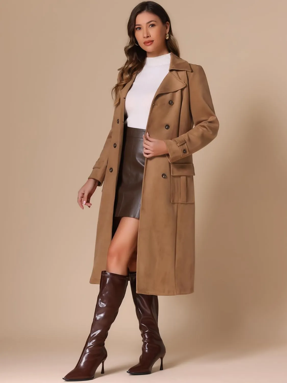 Allegra K Faux Suede Trench Coat for Women's Notched Lapel Double Breasted Belted Long Sleeve Coats