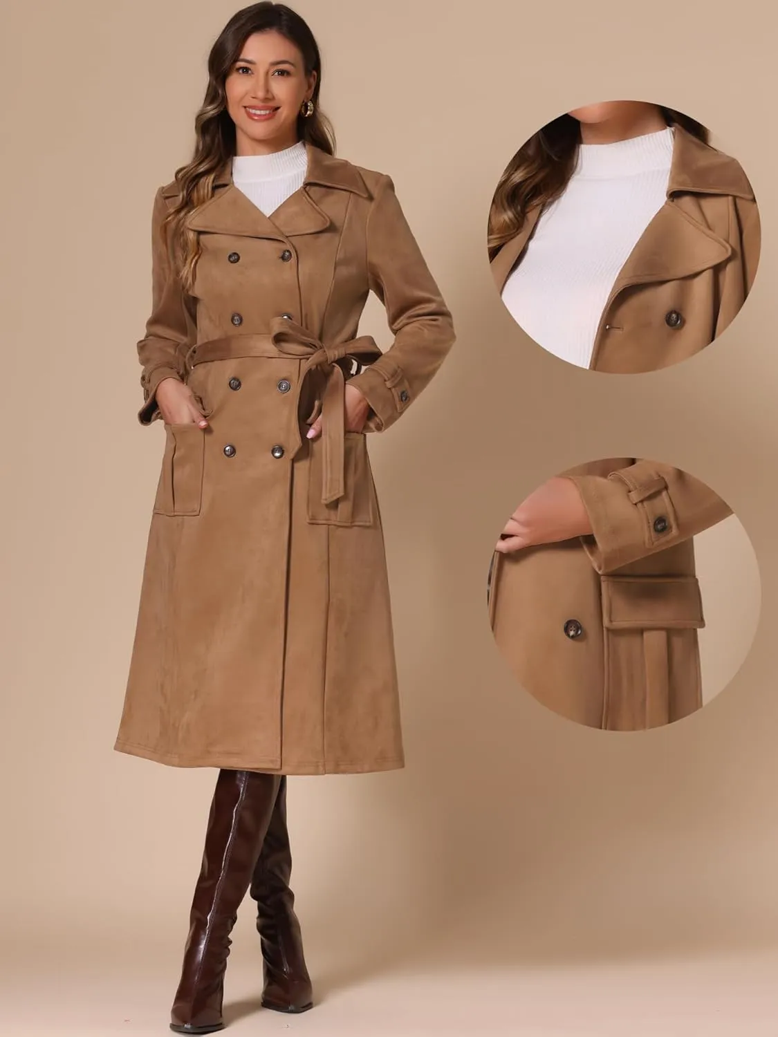 Allegra K Faux Suede Trench Coat for Women's Notched Lapel Double Breasted Belted Long Sleeve Coats