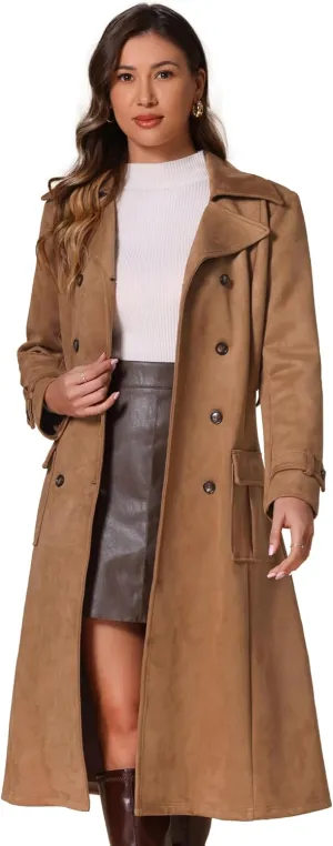 Allegra K Faux Suede Trench Coat for Women's Notched Lapel Double Breasted Belted Long Sleeve Coats