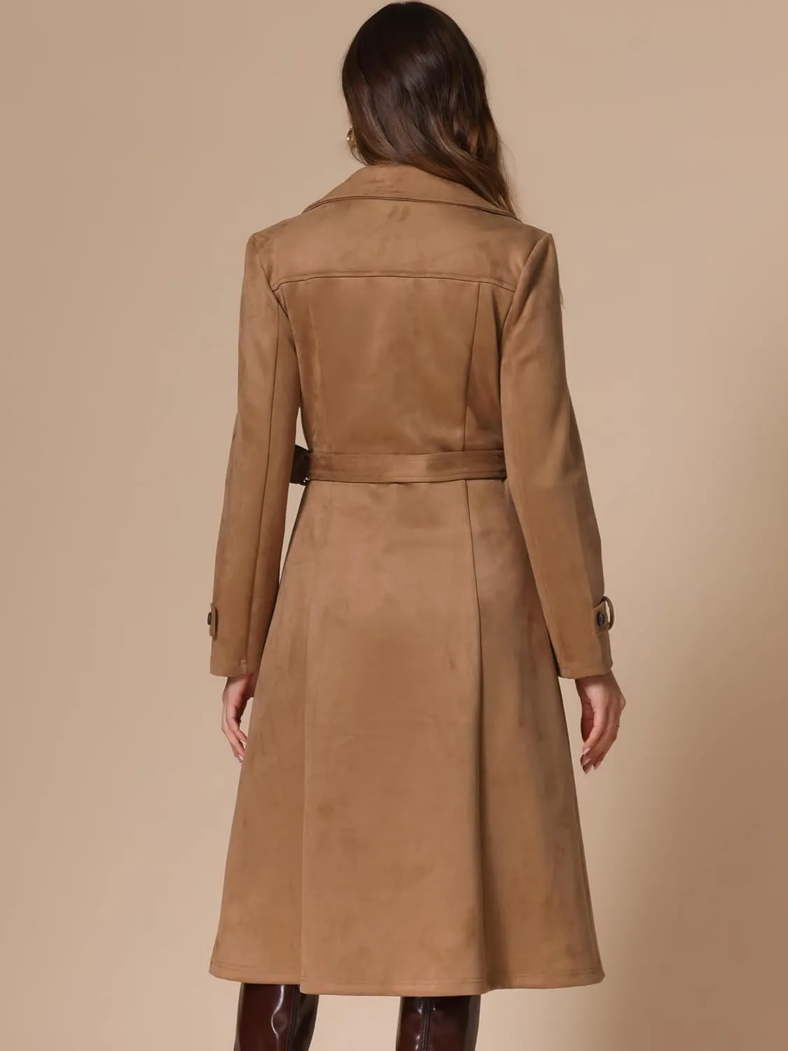 Allegra K Faux Suede Trench Coat for Women's Notched Lapel Double Breasted Belted Long Sleeve Coats