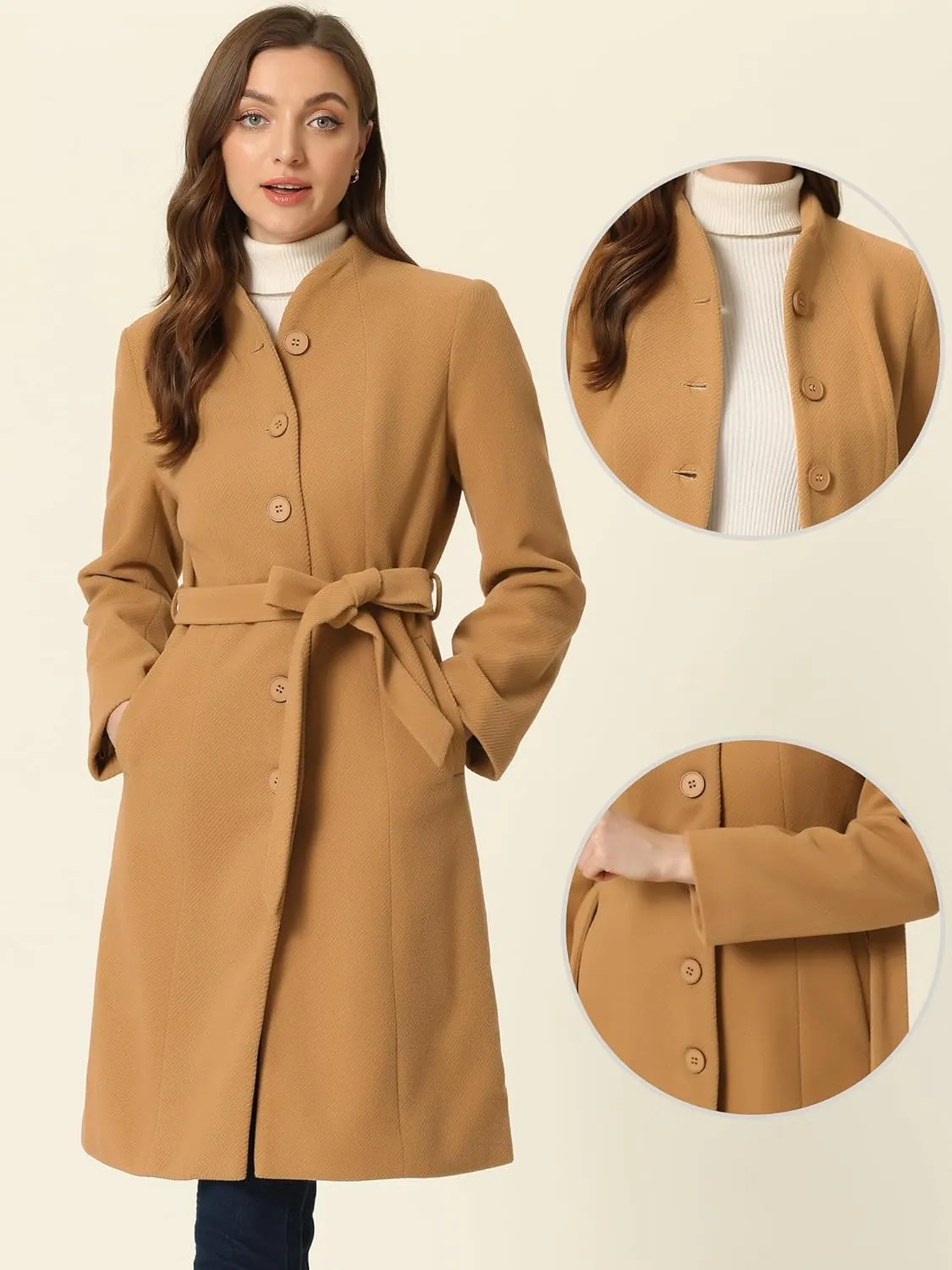 Allegra K Mid-Length Overcoat for Women's Single Breasted Collarless Belted Elegant Winter Coats