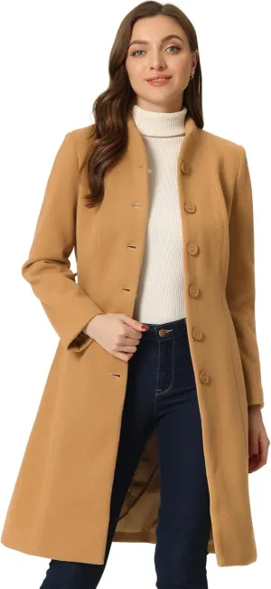 Allegra K Mid-Length Overcoat for Women's Single Breasted Collarless Belted Elegant Winter Coats