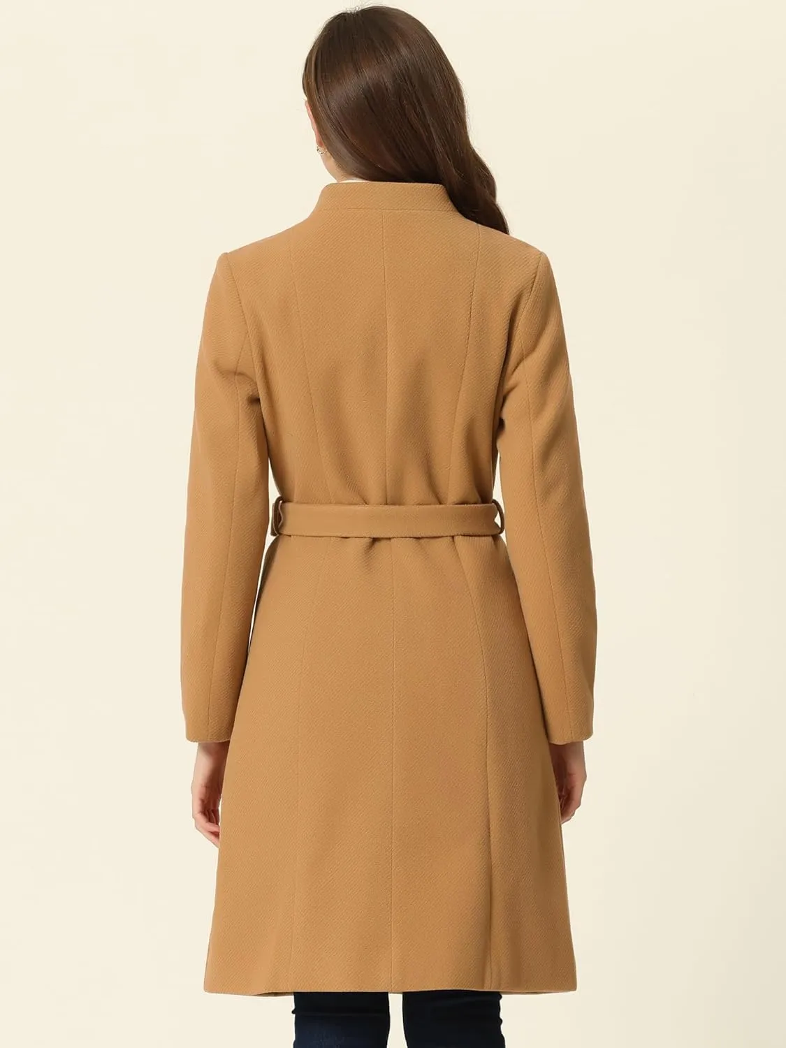 Allegra K Mid-Length Overcoat for Women's Single Breasted Collarless Belted Elegant Winter Coats