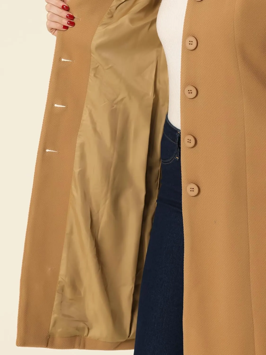 Allegra K Mid-Length Overcoat for Women's Single Breasted Collarless Belted Elegant Winter Coats