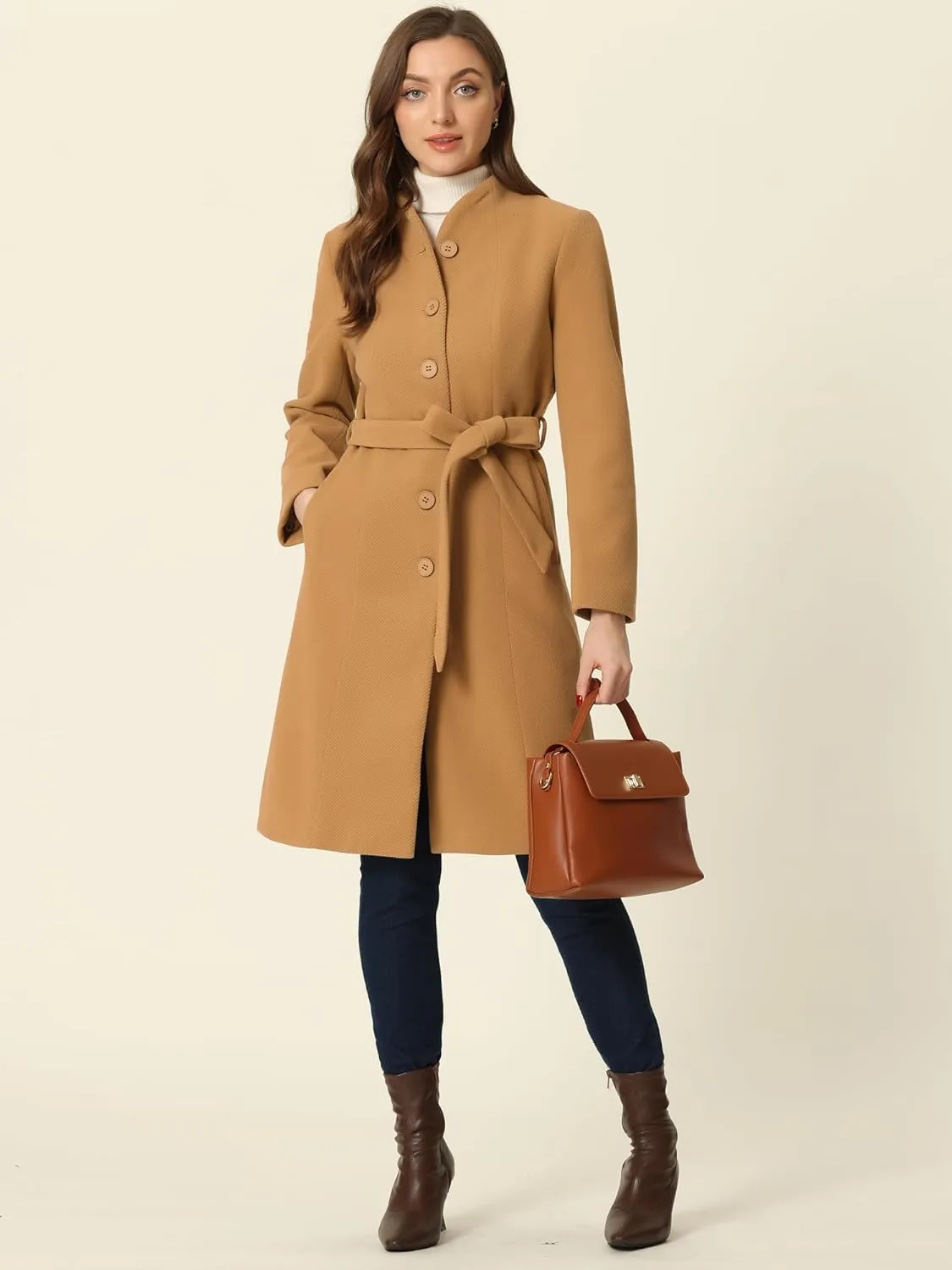 Allegra K Mid-Length Overcoat for Women's Single Breasted Collarless Belted Elegant Winter Coats