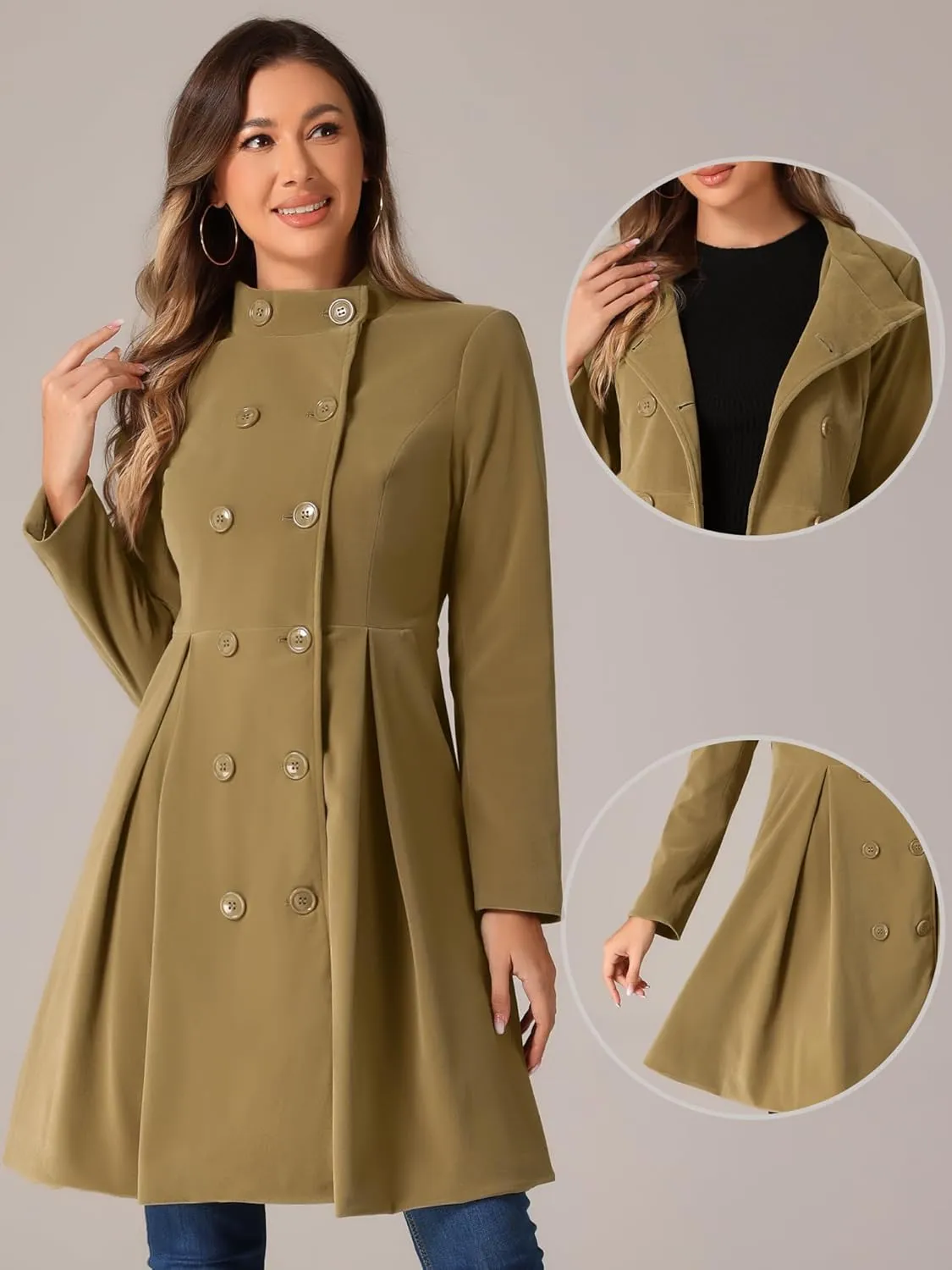 Allegra K Velvet A-Line Coat for Women's Christmas Double Breasted Winter Swing Coats